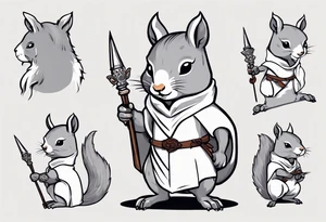 a grey squirrel dressed in a medieval tunic holding a silver unicorn horn spear tattoo idea