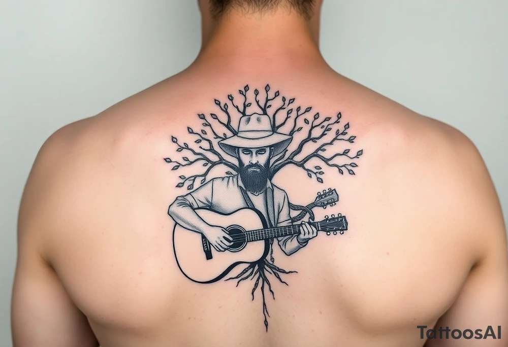 Man with hat but cant see face 
playing acoustic guitar underneath tree of life concept style tattoo idea
