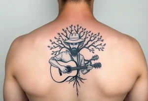 Man with hat but cant see face 
playing acoustic guitar underneath tree of life concept style tattoo idea
