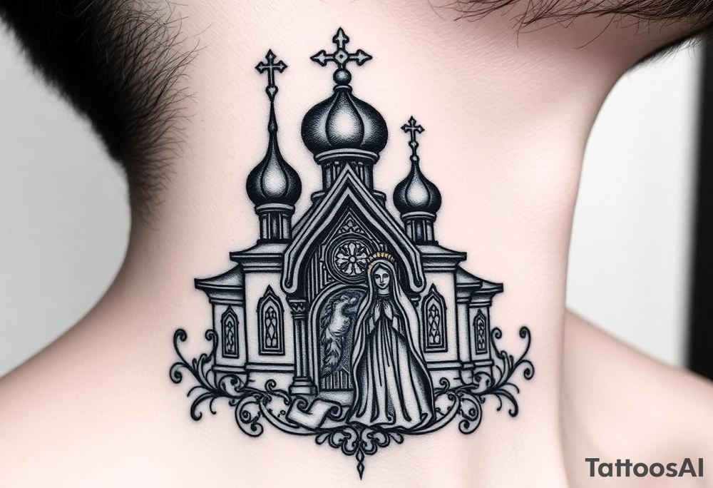 medium traditional russian orthodox church with russian coat arms and virgin mary on the side of your neck tattoo idea