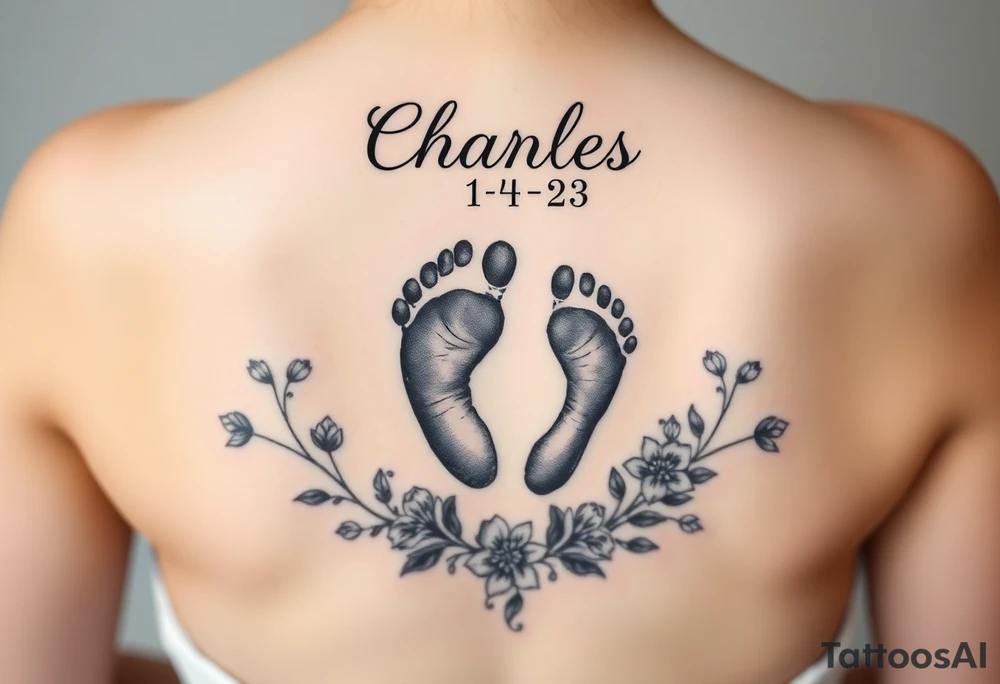 baby footprint print with the name Charles above it, the date 1-14-23 below it and surrounded by floral vines tattoo idea
