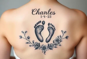 baby footprint print with the name Charles above it, the date 1-14-23 below it and surrounded by floral vines tattoo idea