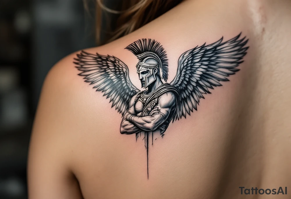 forearm tattoo of a spartan warrior with angel wings tattoo idea