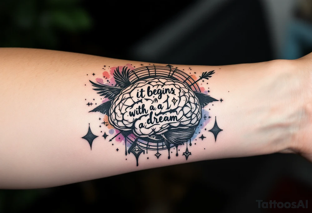 Tattoo inspired in the gifted brain in geometric and straight lines, with few watercolor details but mostly black, symbols representing intelligence, creativity and dreaming flying arround, the phrase "It begins with a dream", raven wings behind, and an arrow crossing from above, and watercolors leaking of it tattoo idea