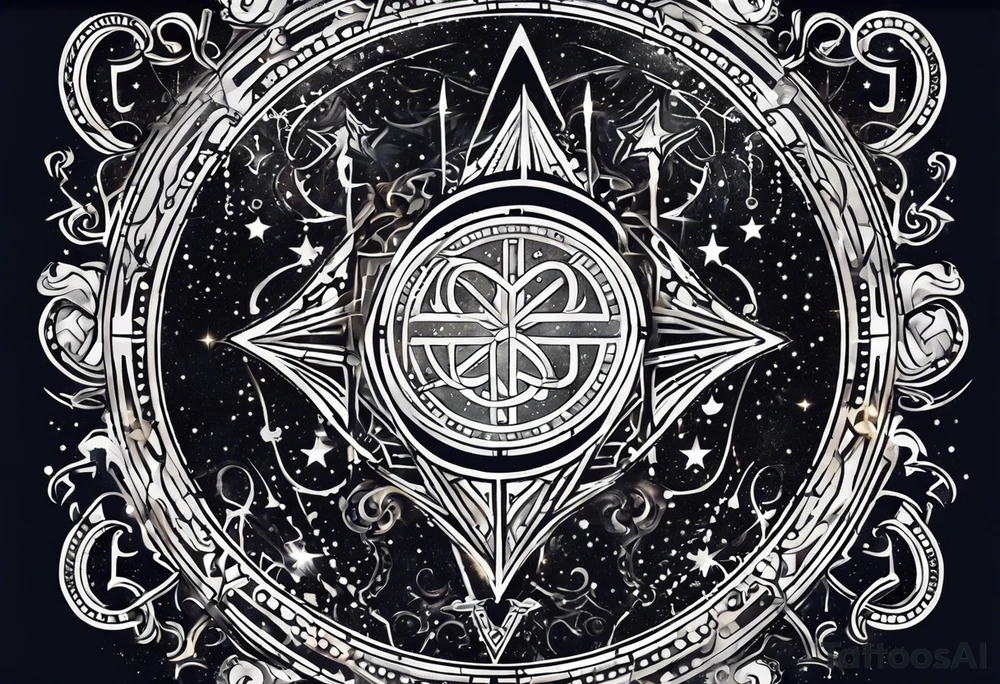 Matter, energy, space and time with an old stone theta symbol with stars in the background and Scorpio constellation tattoo idea