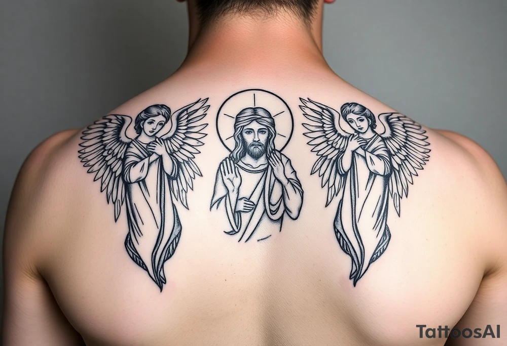 russian orthodox symmetrical guardian angel icon on left and right side of back with both angels holding up a jesus potrait tattoo idea