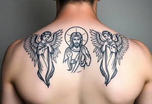 russian orthodox symmetrical guardian angel icon on left and right side of back with both angels holding up a jesus potrait tattoo idea