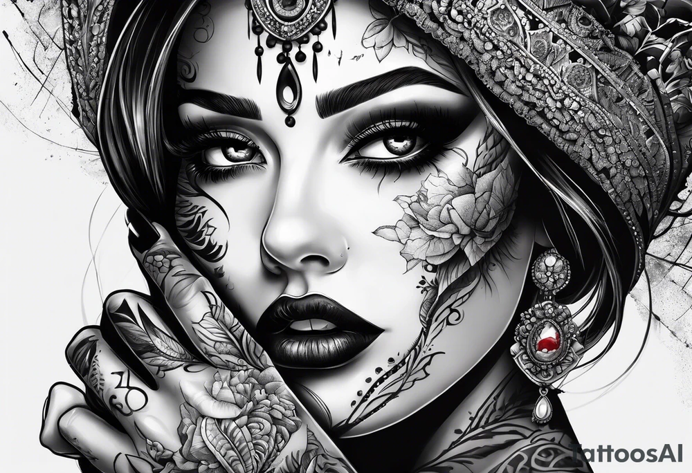 Horror women’s fingers with nails are on the half of her face tattoo idea
