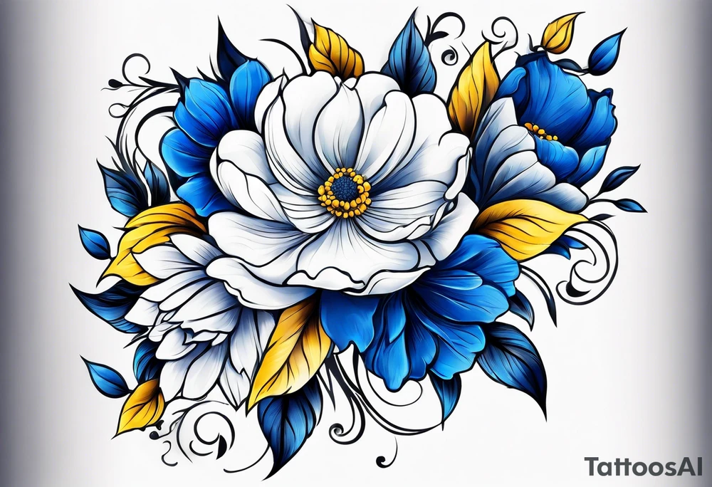 Blue white and yellow flowers arm sleeve tattoo idea