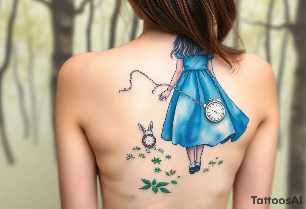 Back view of a girl in a blue dress walking in a forest following a small white rabbit. A pocket watch on top of the scene, falling amongst the trees tattoo idea