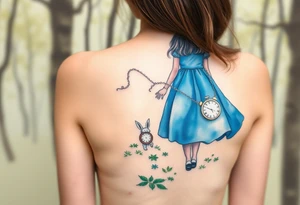 Back view of a girl in a blue dress walking in a forest following a small white rabbit. A pocket watch on top of the scene, falling amongst the trees tattoo idea