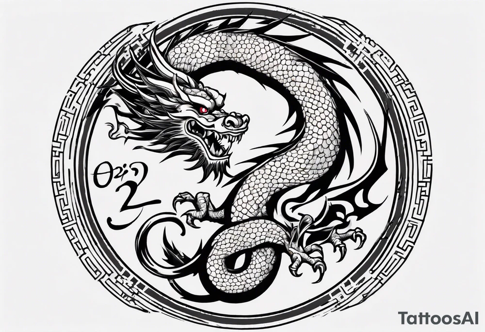 Chinese dragon in a circular shape with "02.03" written on its skin tattoo idea