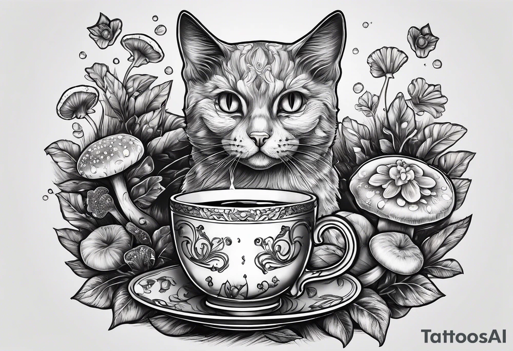 A mysterious cat taking a hot mushrooms cup of tea tattoo idea