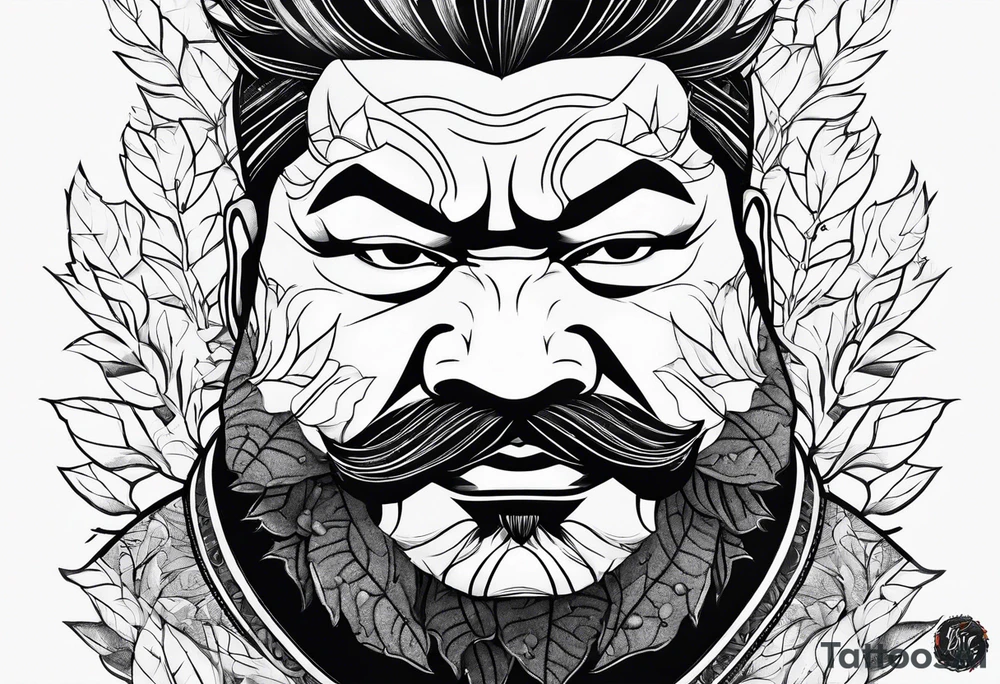 sumo wrestler face surrounded by falling leaves tattoo idea
