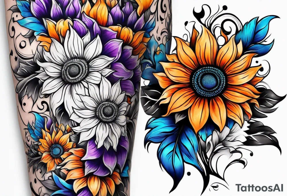Full leg sleeve with purple, orange and blue sunflowers tattoo idea