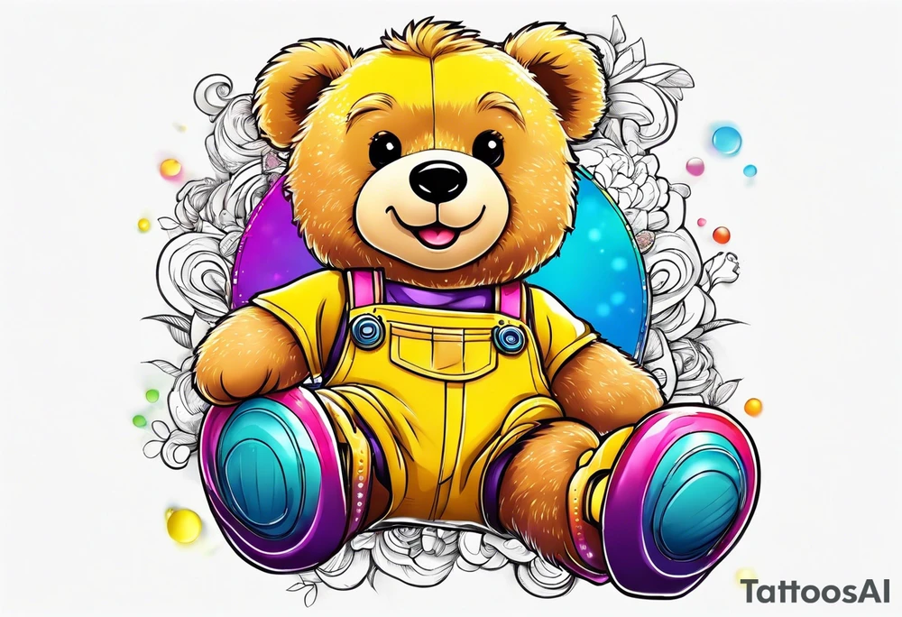 A rollerskating teddy bear in yellow overalls and rainbow skates tattoo idea
