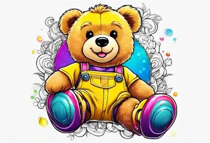 A rollerskating teddy bear in yellow overalls and rainbow skates tattoo idea