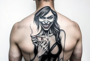 Evil smiling woman holding a cigarette tattoo idea