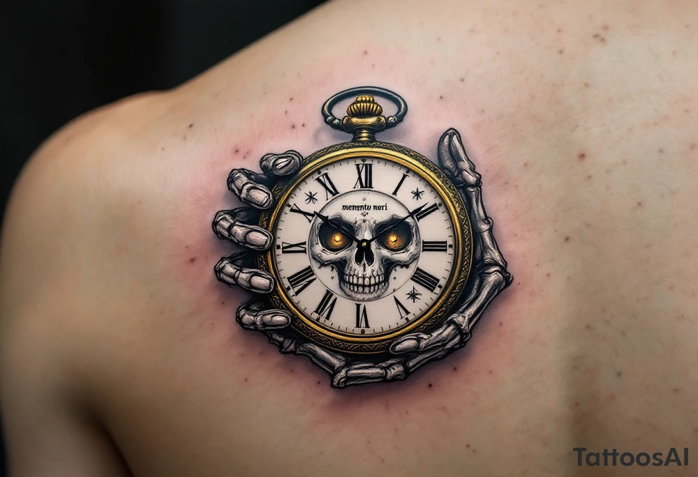 A monochrome skeleton hand holding a ticking pocket watch with gold highlights, "memento mori" engraved across the watch face. tattoo idea