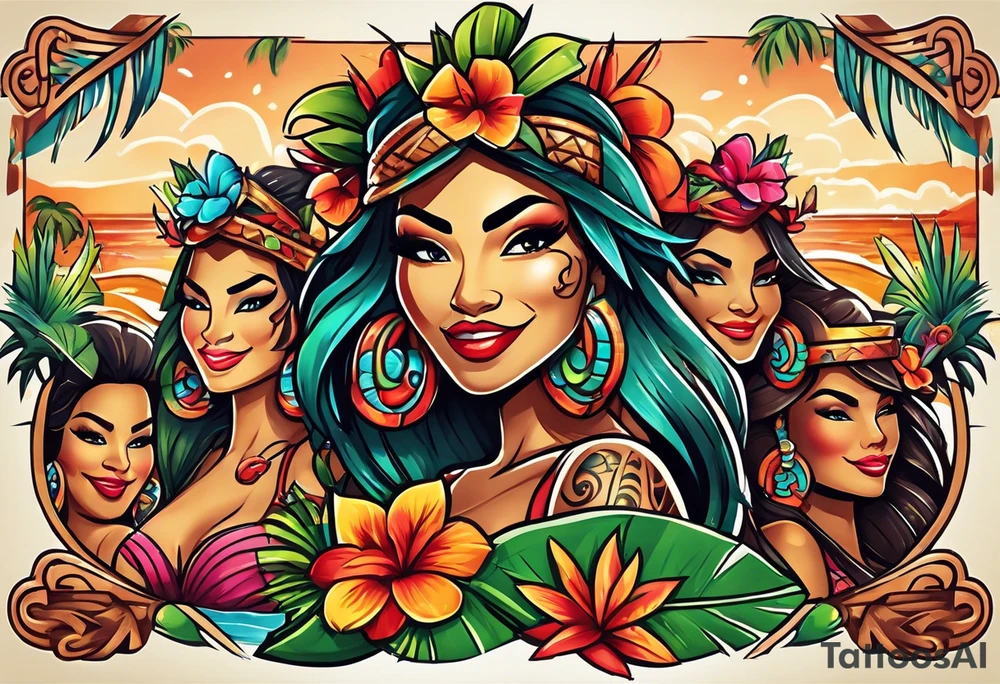 hulu tiki party with dancing tiki guys and sexy tiki girls on a beach with music notes and confetti around a blank space in the middle tattoo idea