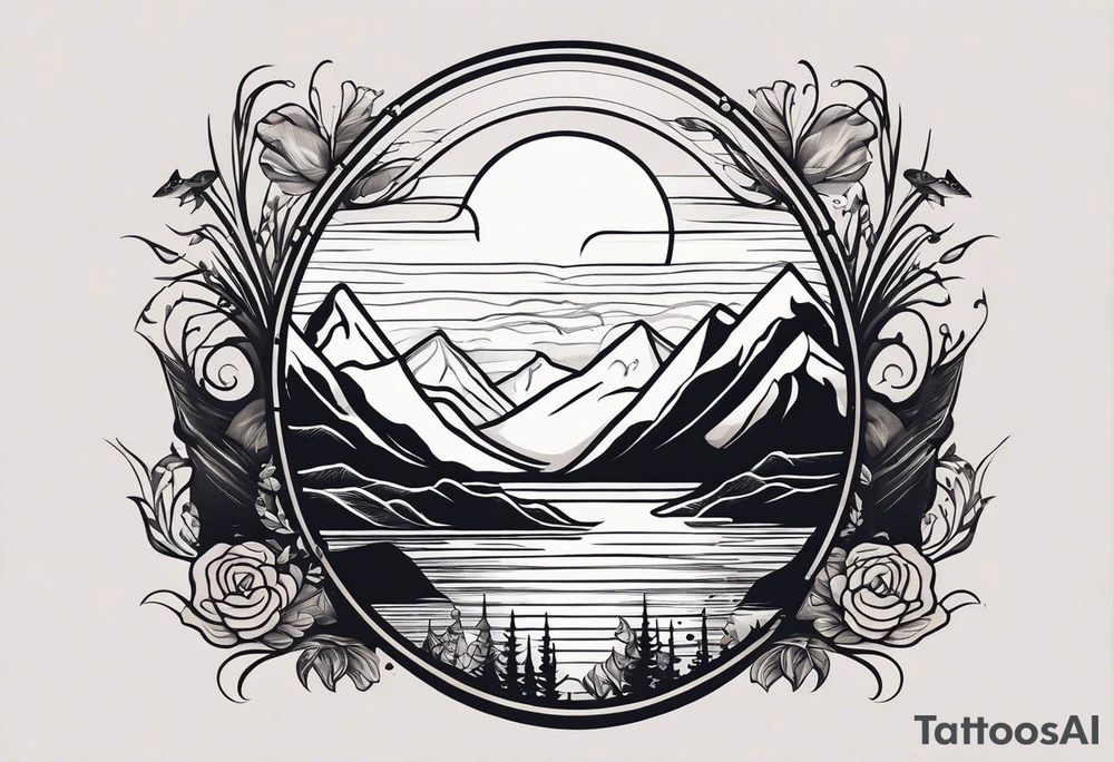 This is a minimalistic tattoo that is split into 2 sections; a top half and a bottom half. The top half is a mountain in Norway with a mountain bike trail winding down the mountain. The bottom half of the tattoo depicts an underwater scene featuring water, and sea life. tattoo idea