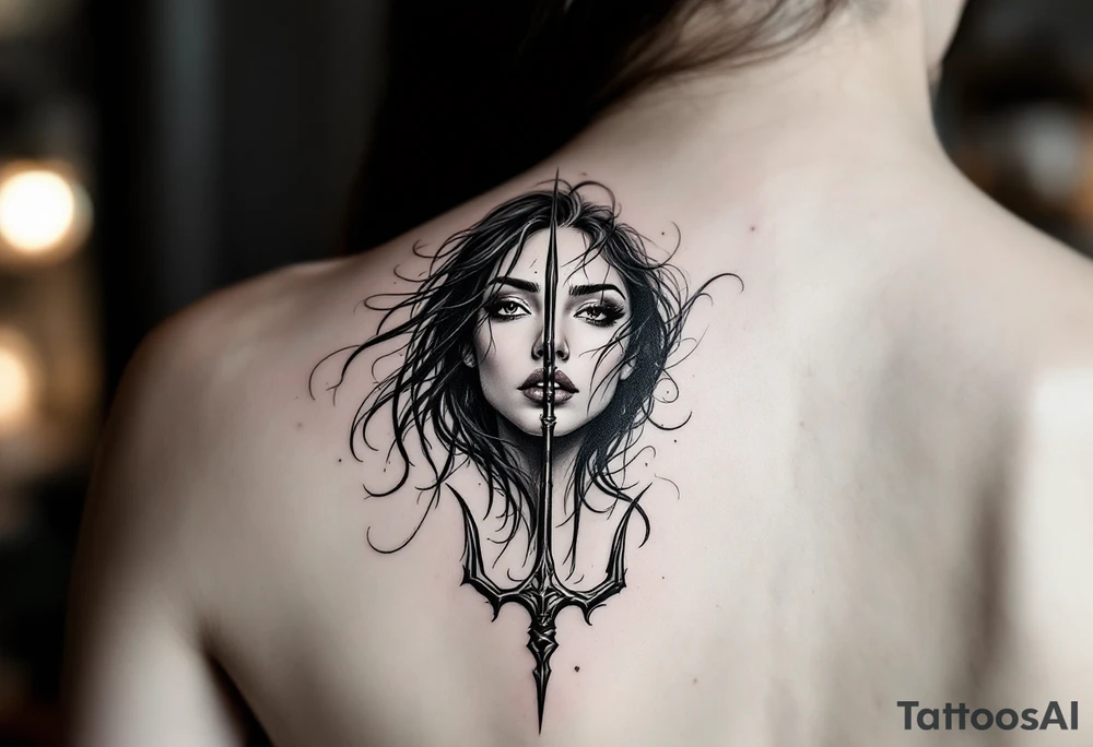 gentle woman face with black hair behind trident tattoo idea