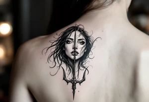 gentle woman face with black hair behind trident tattoo idea