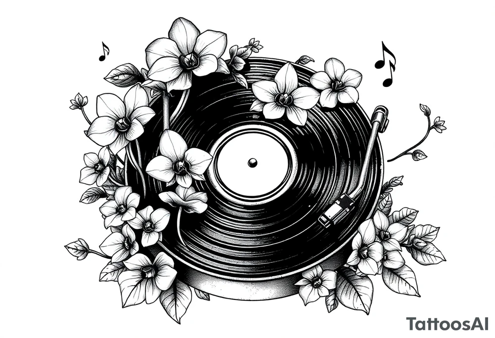 vinyl record player with mushrooms, orchids, and music notes around it tattoo idea