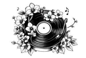 vinyl record player with mushrooms, orchids, and music notes around it tattoo idea