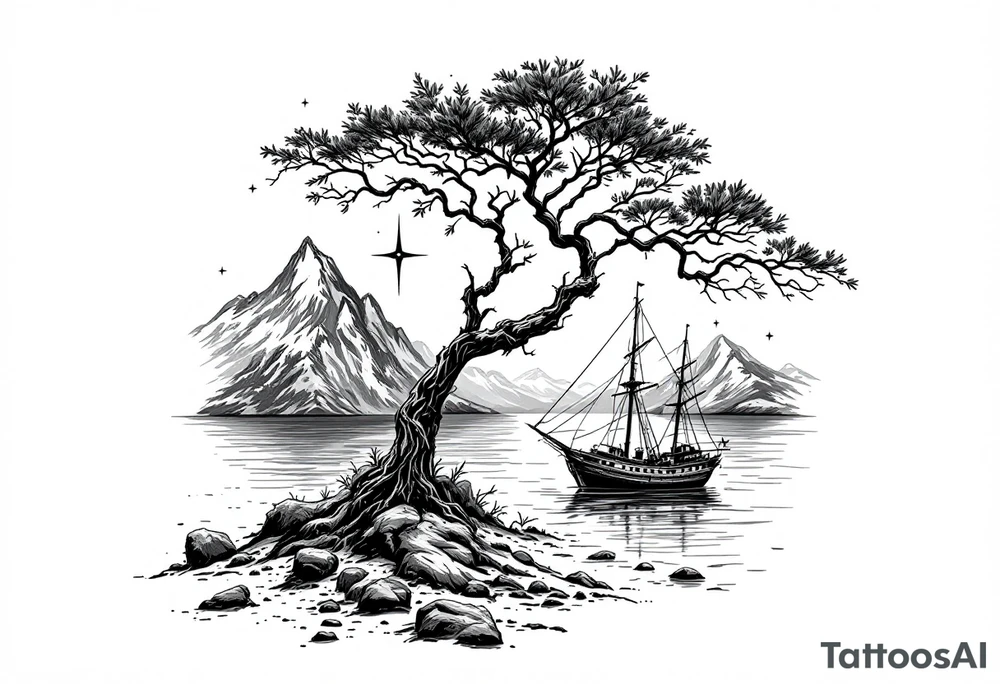 tattoo that has an acacia tree with mountains, ocean with a ship wreck and the northern star tattoo idea