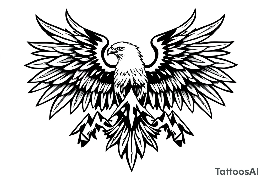 majestic eagle spreading wings against mountain peaks tattoo idea