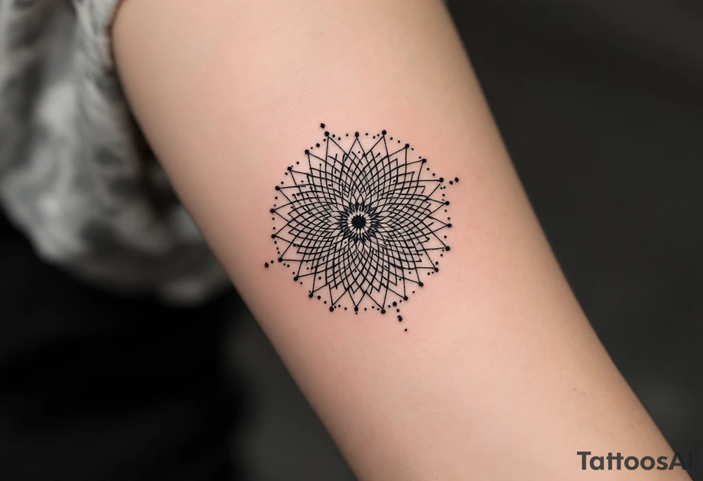simple, minimalist tattoo, sacred geometry mandala, centerpiece design, dotwork patterns, radiating geometry, symmetrical mandala, geometric shapes, intricate dotwork, sacred patterns, mandala center, geometric radiating, fine line work, black grey shading, minimalist design, no outlines, arm placement, delicate linework, precise geometry, clean symmetry, sacred symbols, geometric precision, dotwork details, mandala focal point, refined patterns, understated complexity, geometric harmony, minimalist tattoo idea