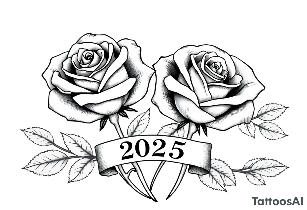 two beautiful large rose buds, one larger than the other, with lots and lots of leaves next to the rose buds, with one sitting slightly higher than the other, side-by-side.  Include a banner connecting the two roses with the year 2025 on it.   Use dark outlines with little shading. No stems tattoo idea