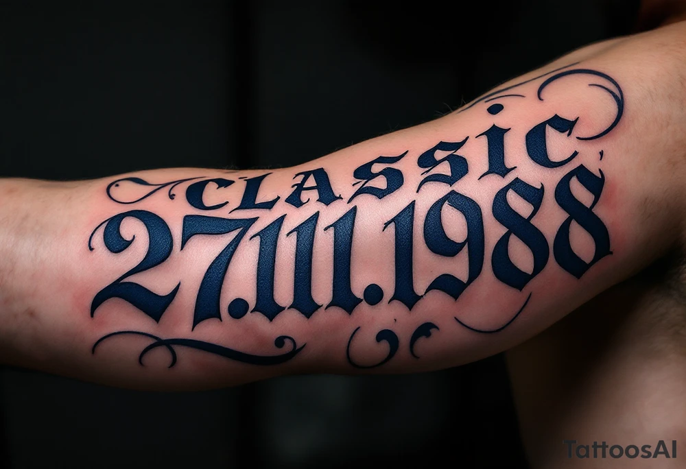 Classic 27.11.1988 carved in Roman numerals with deep navy blue shadows. tattoo idea