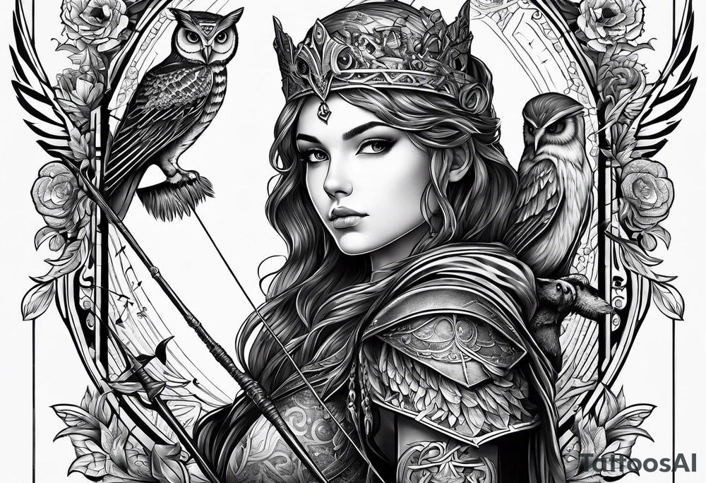 A young princes with a bow and arrow and an owl tattoo idea