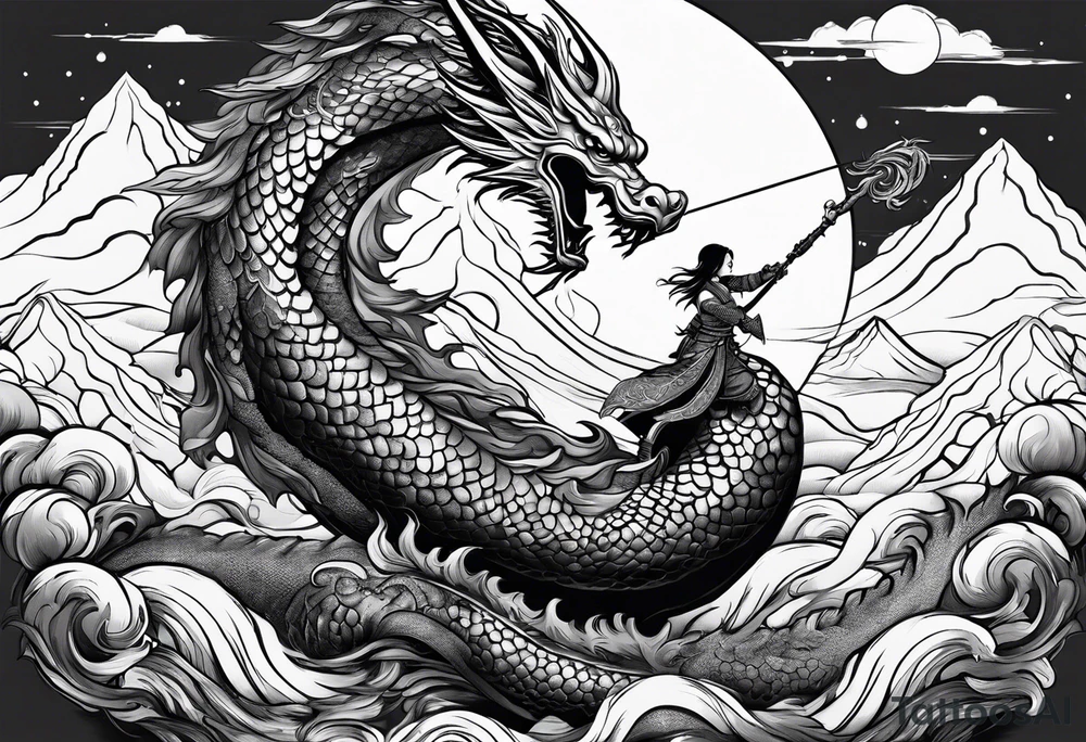 beautiful warrior nymph riding a dragon and the background will be mountains, clouds, and a Japanese building tattoo idea