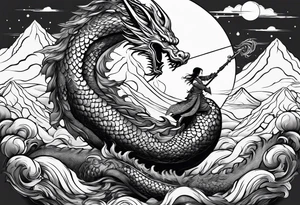beautiful warrior nymph riding a dragon and the background will be mountains, clouds, and a Japanese building tattoo idea