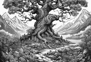 yggdrasil Viking battle scene to go on a back tattoo idea