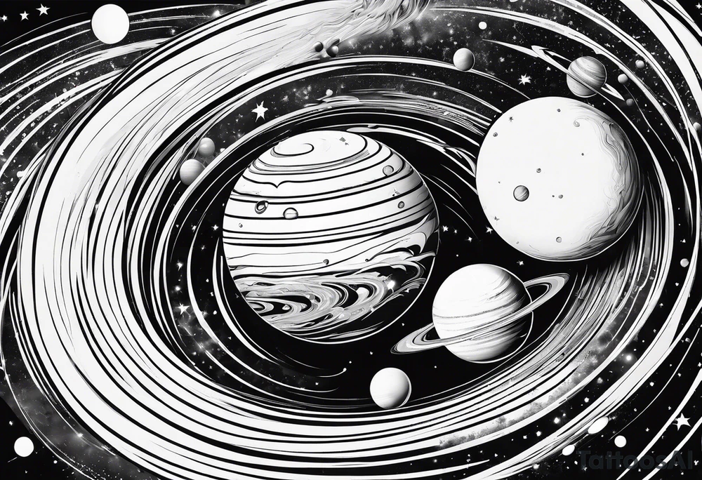 planets falling into a spiraling black hole tattoo idea