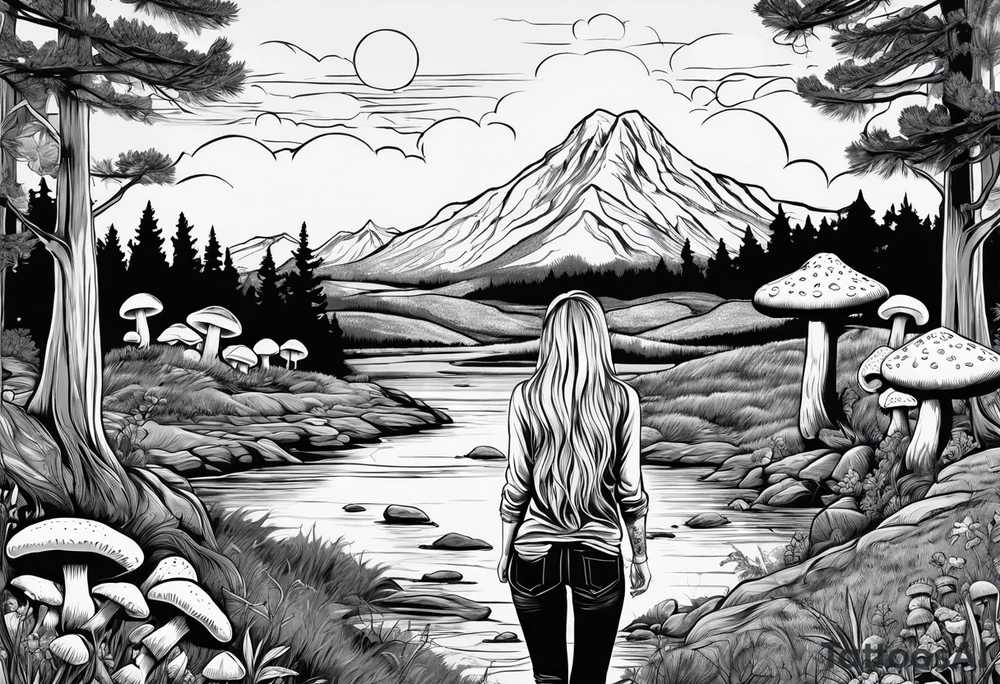 Whole picture encircled fully

Straight long blonde hair hippie girl in distance holding mushrooms in hand facing away toward mountains and creek surrounded by mushrooms long sleeve shirt and hiking pants; whole rendering within a full circle, no cut off circle tattoo idea