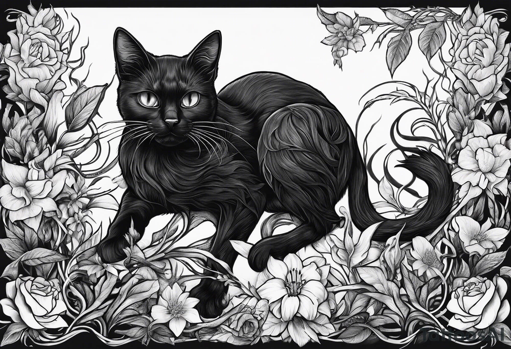 Ethereal witchy garden black cat spider black wudow tattoo idea