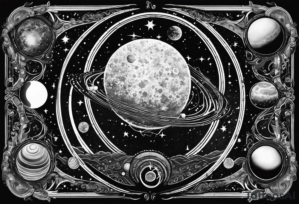 A tattoo featuring a cosmic scene with planets, black holes, and supernovae intertwined with intricate linguistic symbols, reflecting the client's interests in cosmology and linguistics. tattoo idea