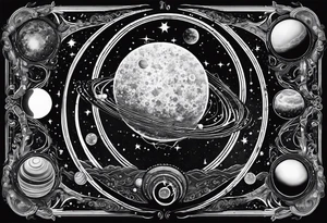 A tattoo featuring a cosmic scene with planets, black holes, and supernovae intertwined with intricate linguistic symbols, reflecting the client's interests in cosmology and linguistics. tattoo idea