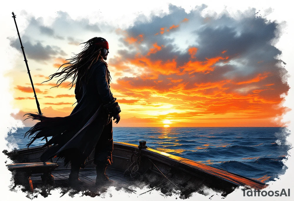 A silhouette of Jack Sparrow standing at the bow of a pirate ship, with the wind blowing through his hair and coat, the sky above him in fiery oranges and reds, representing a sunset over the open sea. tattoo idea