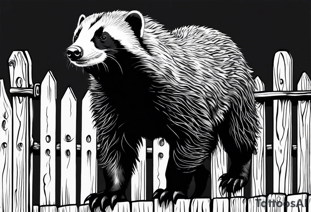 honey badger climbing up/over, claws near face, behind, on its back legs, looking over fence, full body tattoo idea