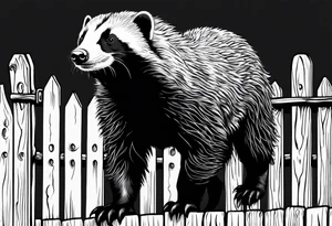 honey badger climbing up/over, claws near face, behind, on its back legs, looking over fence, full body tattoo idea