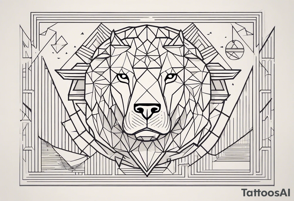 Words: Courage, determination, patience, focus, resilience. Image: Geometric eagle face, bull and bear faces divided by the financial market dump and pump. Graphics, symbols of intelligence interconnected with books and studies that represent the search for knowledge as a person guided by humanity and human philosophy. Image for the right arm and right forearm. Use geometric shapes and lines to connect images tattoo idea