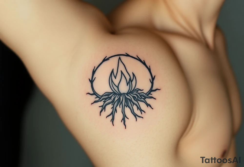 a round flame imprisoned in a roots circle tattoo idea