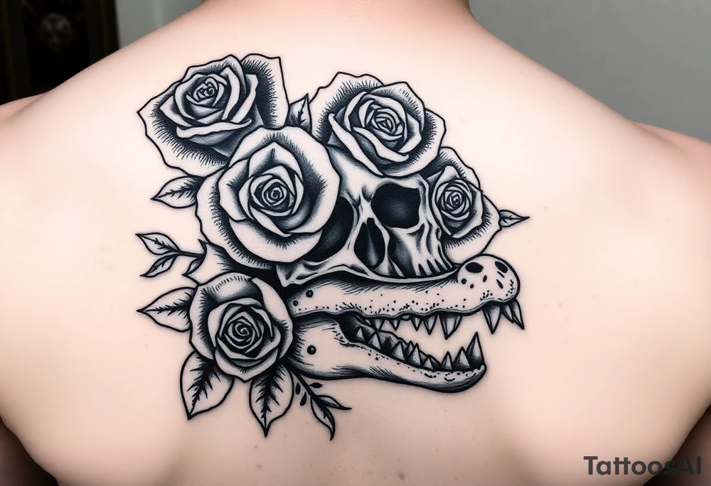 .
dreamy gothic bloom vibe, rose-heavy with dark edges. Imagine swapping the face for your skull, add the gator's tail curling up from the bottom like it's guarding the petals. has the blackwork feel—clean lines, thorny roses, easy to layer an alligator jaw underneath. tattoo idea