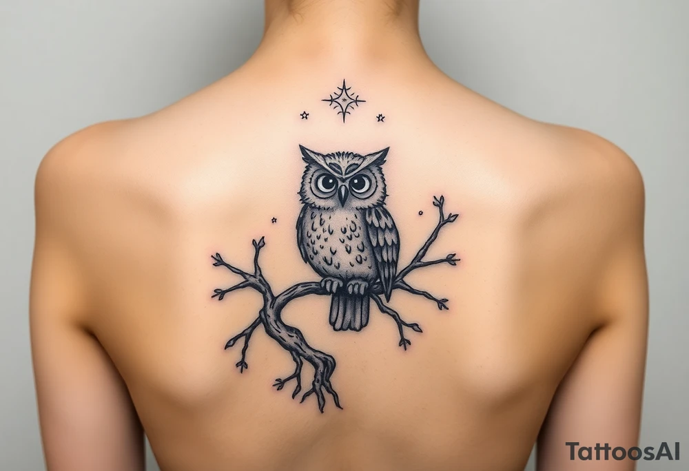 wise owl perched on ancient oak branch under starlit sky tattoo idea